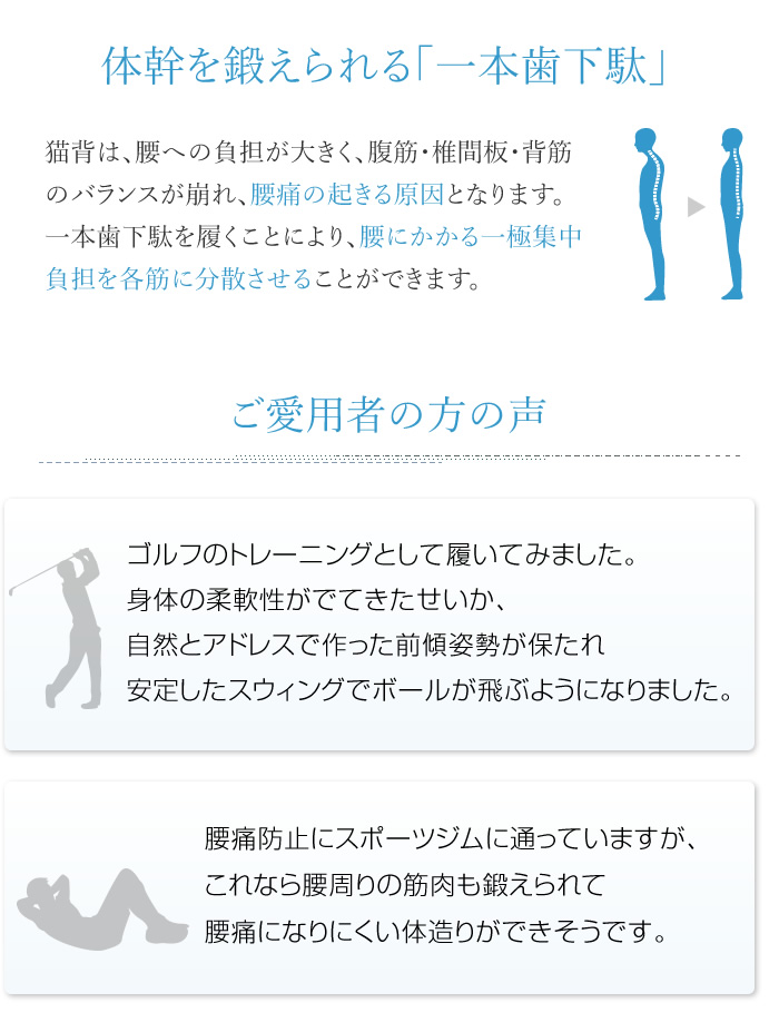 「ご愛用者の方の声／ゴルフのトレーニングとして履いてみました。」：最初は力が入っていたせいか、効果が実感できなかったのですが、慣れていくにつれ力を抜いて履くと実感できました。自然とバランスをとるために足の付け根の股関節から曲がり、否応なしに膝も軽く曲げられて必要以上に前傾姿勢にならなくなりました。
そして身体の柔軟性がでてきたせいか、自然とアドレスで作った前傾姿勢が保たれて安定したスウィングでボールが素直に同じ球筋で飛ぶようになりました。