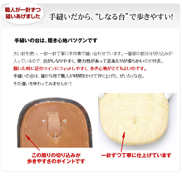 手縫いだから、“しなる台”で歩きやすい！太い針を使い、一針一針丁寧に手作業で縫い合わせています。一番底の部分は切り込みが入っているので、台がしなりやすく、弾力性があって足あたりが柔らかいのが特長。履いた時に足のラインにフィットしやすく、歩き心地がとてもよいのです。手縫いの台は、確かな技で職人が時間をかけて作り上げた、ぜいたくな台。その違いを味わってみませんか？