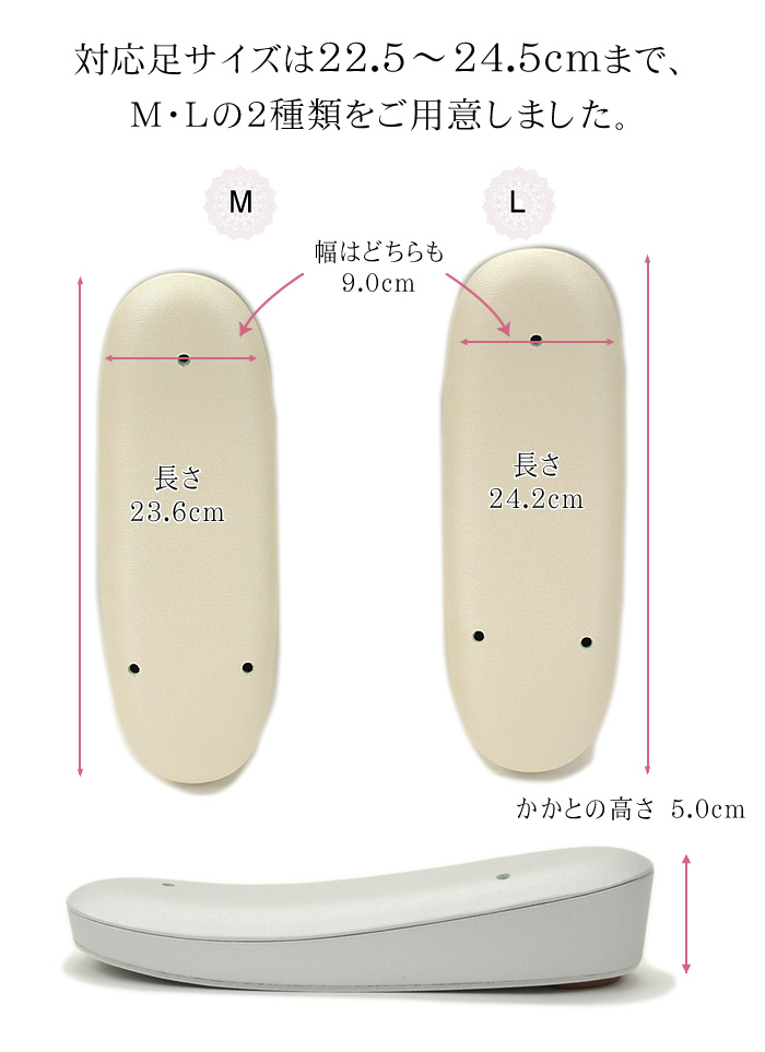 対応足サイズは21.0〜24.5cmまで、S・M・Lの３種類をご用意しました。